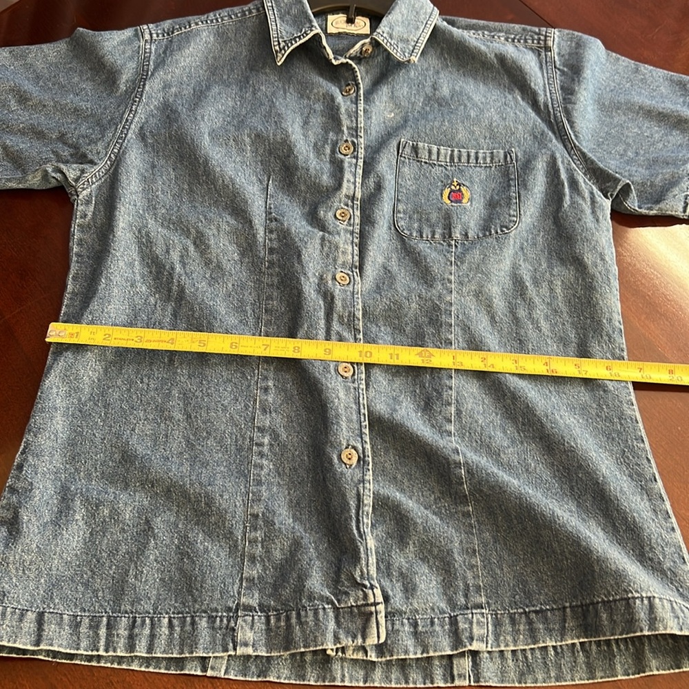🌞 Bugle Boy For Her Vintage 90s short sleeve button up blue denim shirt M - Picture 10 of 16
